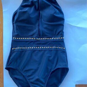 Women’s SIMON CHANG one piece bathing suit. Black with gold. Size US 8. NWOT